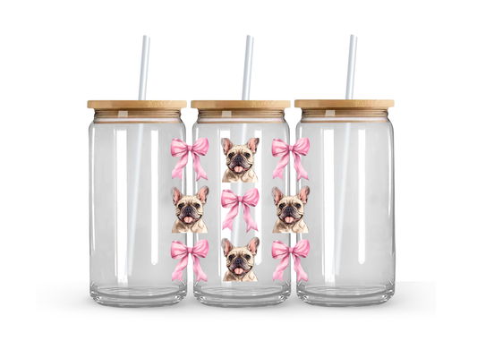 Brown Frenchie & Bow - Glass Can Cup - 473ml