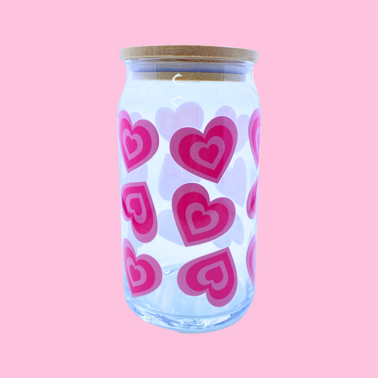 Retro Pink Heart Glass Can Cup - 473ml