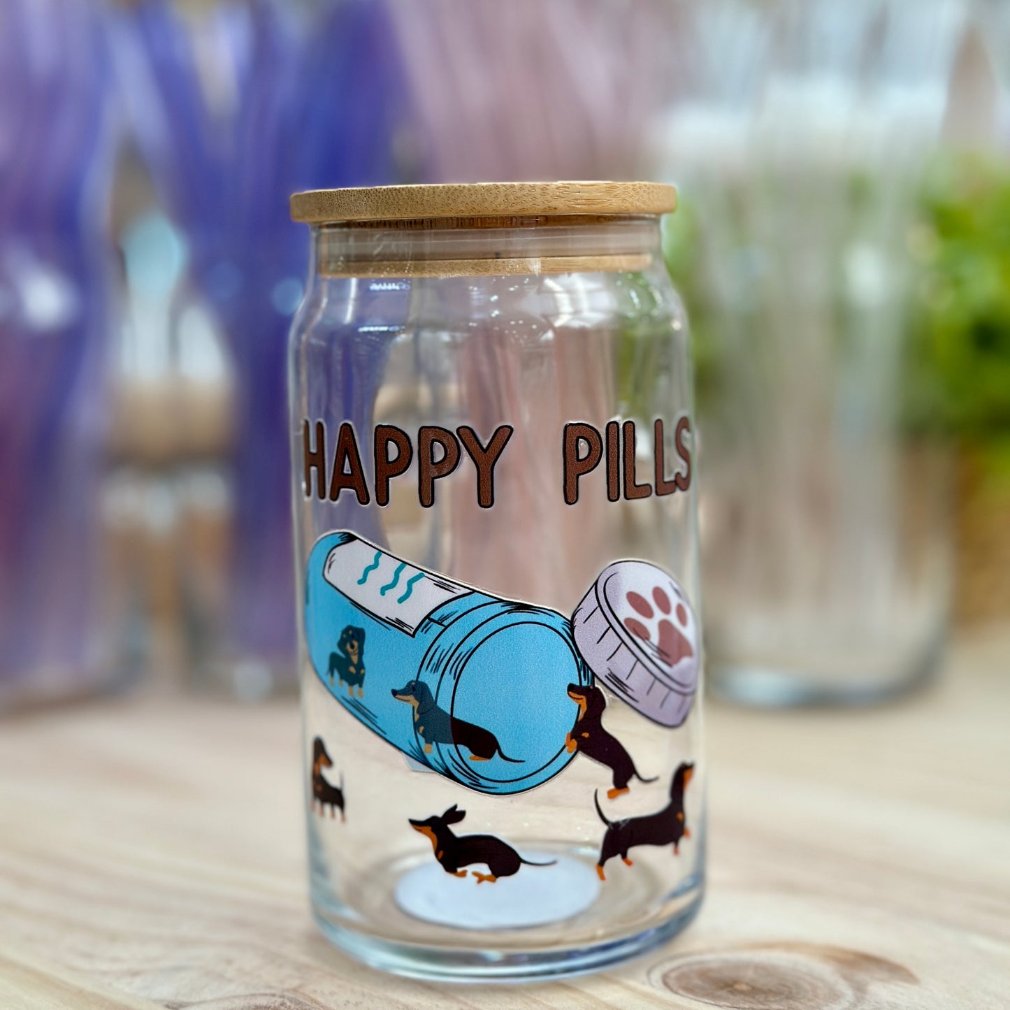 Dachshund 'Happy Pills'  Glass Can Cup - 473ml