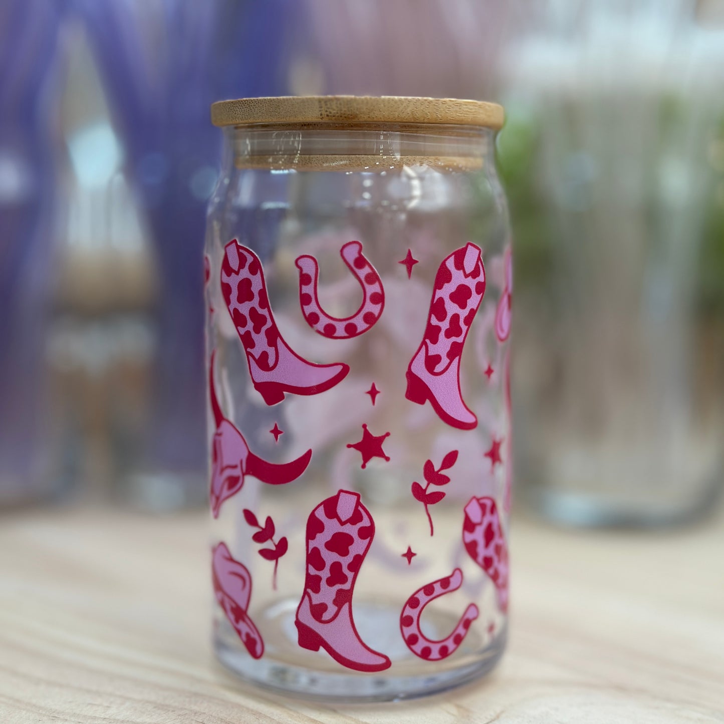 Pink Western Themed Glass Can Cup - 473ml