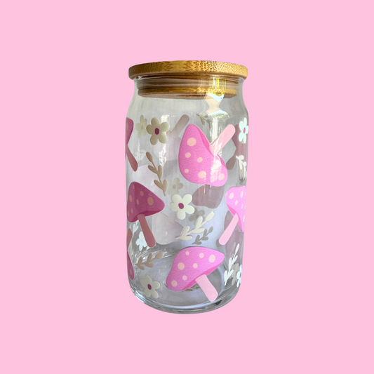 Pink Mushroom Glass Can Cup - 473ml