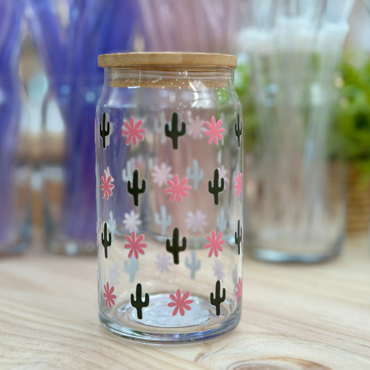 Flower & Cactus Glass Can Cup - 473ml