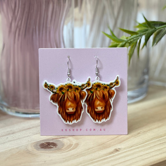 Highland Cow Sunflower Earrings