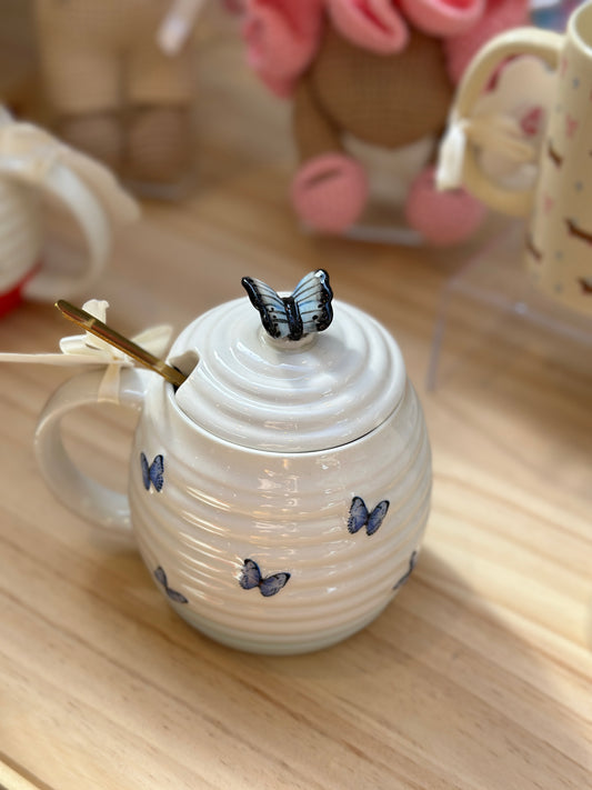 Ceramic Butterfly Mug w/Lid & Spoon