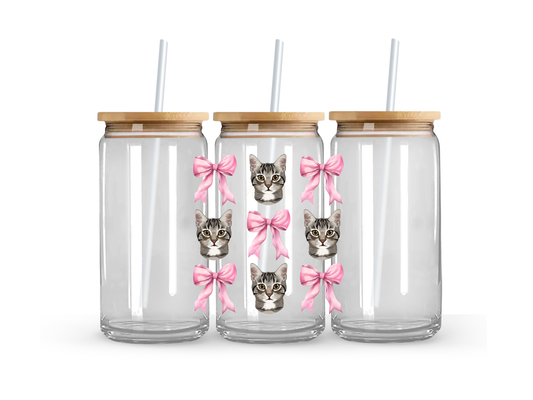 Tabby Cat & Bow - Glass Can Cup - 473ml