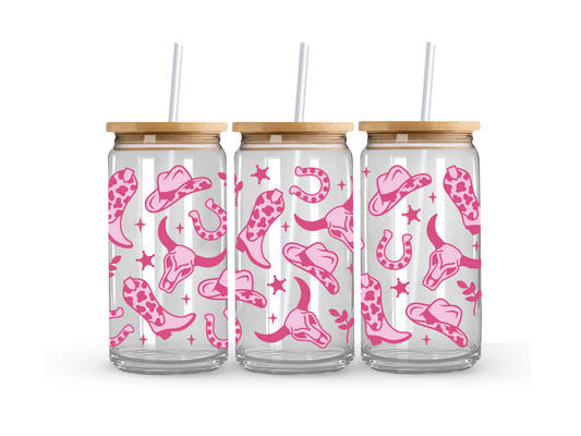 Pink Western Themed Glass Can Cup - 473ml