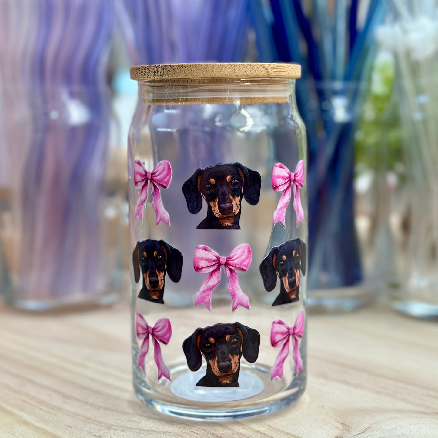 Dachshund Bow Glass Can Cup - 473ml